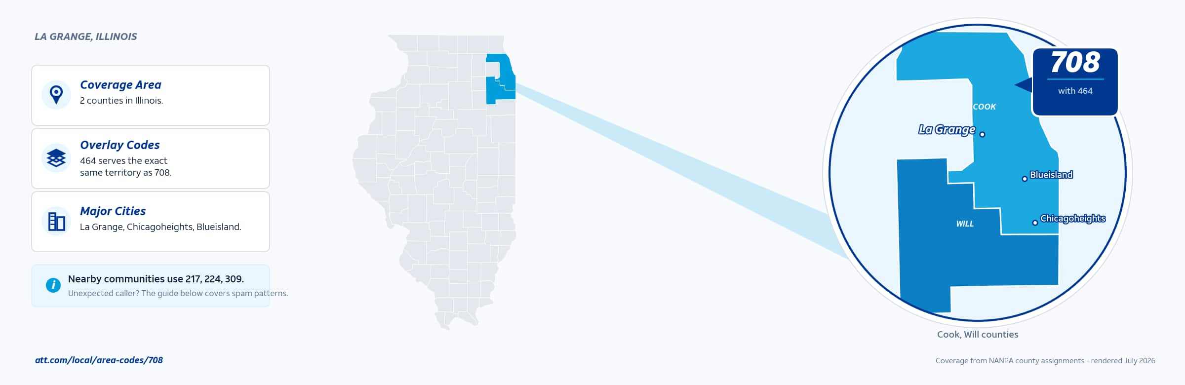 Map of area code 708 coverage in Illinois
