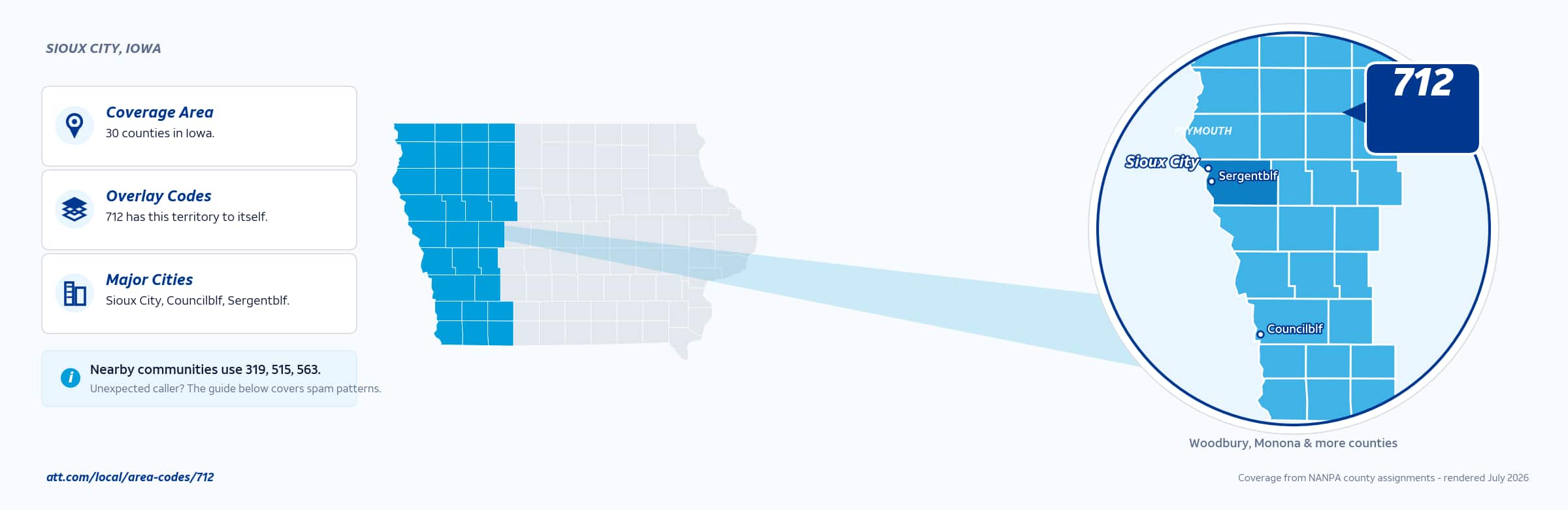Map of area code 712 coverage in Iowa