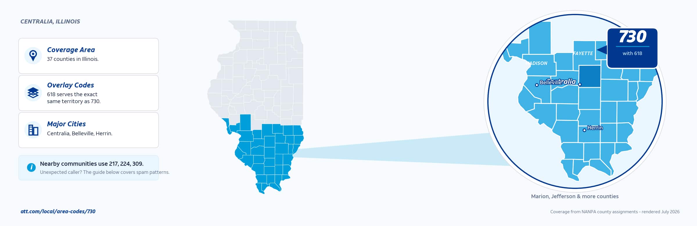 Map of area code 730 coverage in Illinois