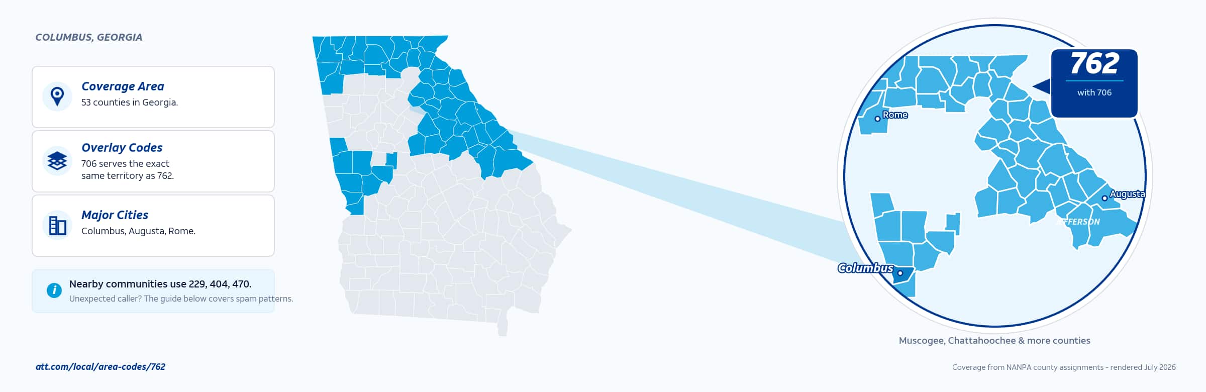 Map of area code 762 coverage in Georgia
