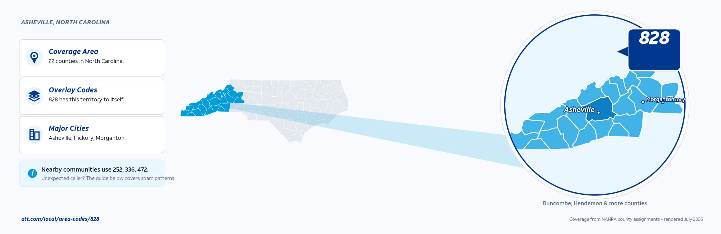 Map of area code 828 coverage in North Carolina