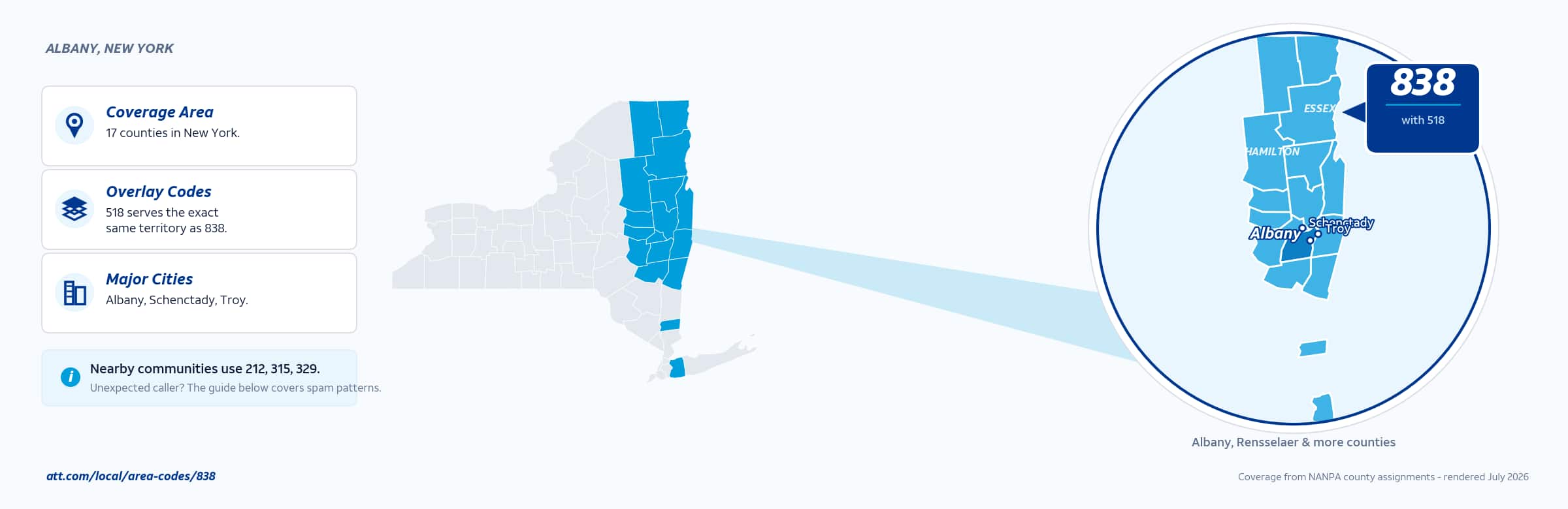Map of area code 838 coverage in New York