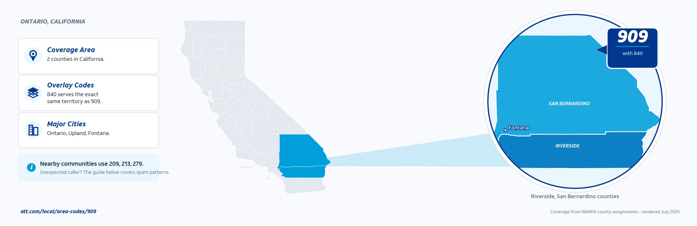 Map of area code 909 coverage in California