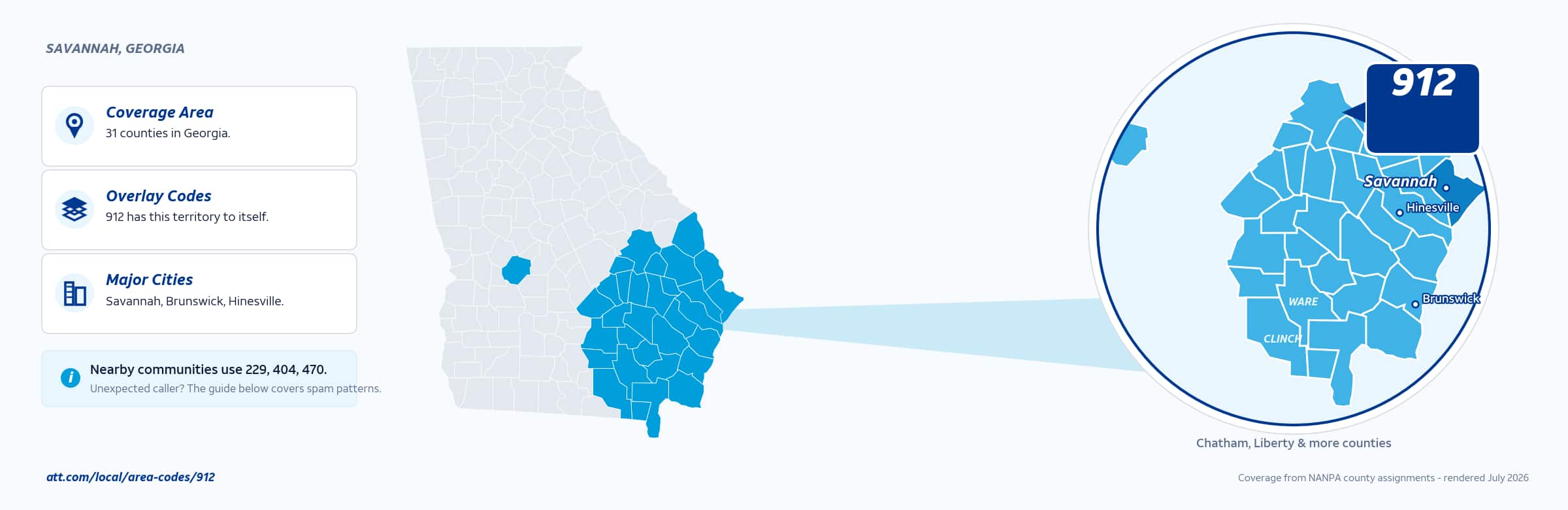 Map of area code 912 coverage in Georgia