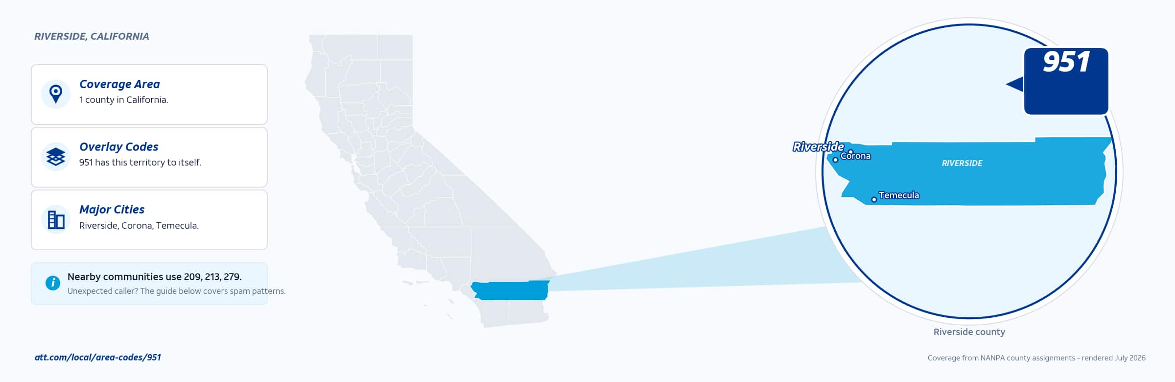 Map of area code 951 coverage in California