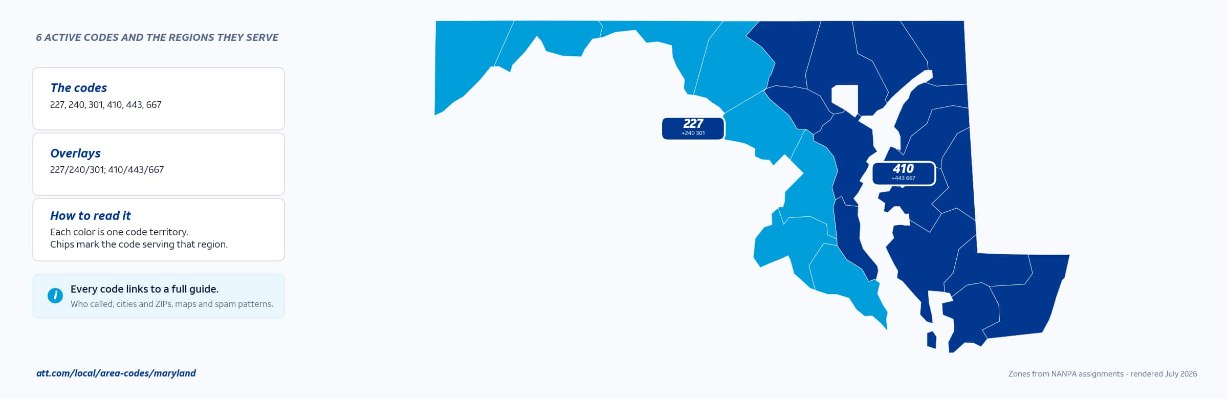 Map of Maryland area codes with anchor cities