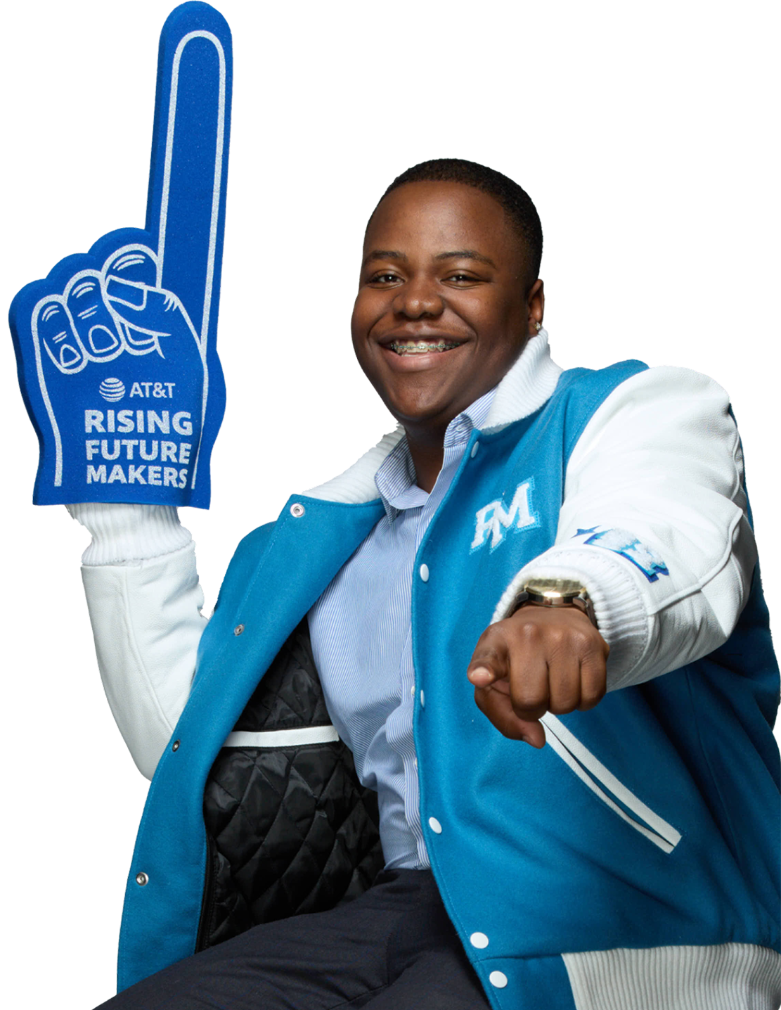 young person pointing at the camera and smiling