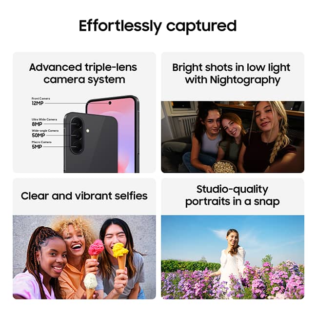 Snap stunning photos on the 50MP HDR Camera and easily edit with AI powered suggestions. 