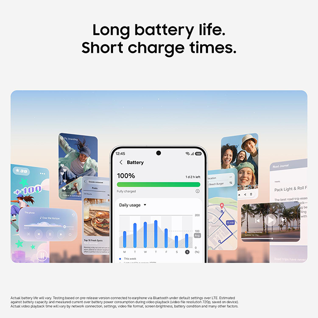 Phone displaying a full battery, emphasizing long battery life and fast charging.