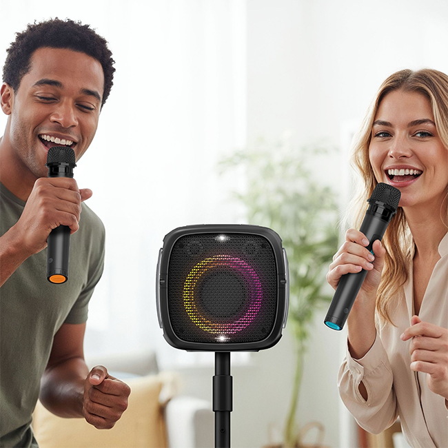Altavoz Bluetooth para karaoke AT&T Essentials de 80 W con dos micrófonos inalámbricos + soporte