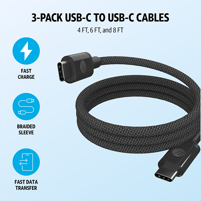 AT&T 3 Pack Braided Type C to C 2.0 Cables - 4 ft 6 ft 8 ft