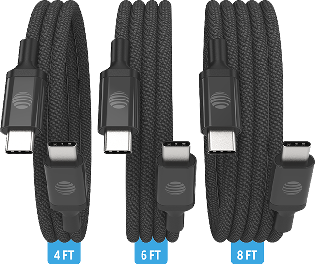 AT&T 3 Pack Braided Type C to C 2.0 Cables - 4 ft 6 ft 8 ft