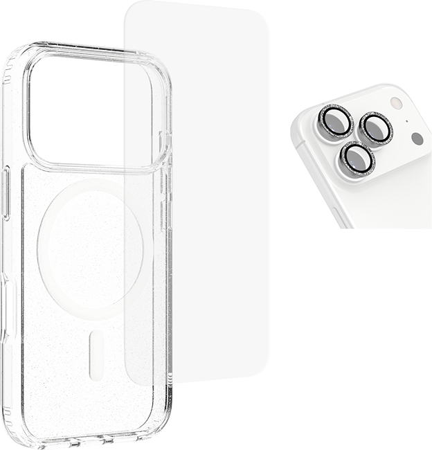 Paquete 3 en 1 AT&T Essentials de estuche Glitter con MagSafe, protector para cámara y protector para pantalla para el iPhone 17 Pro Max