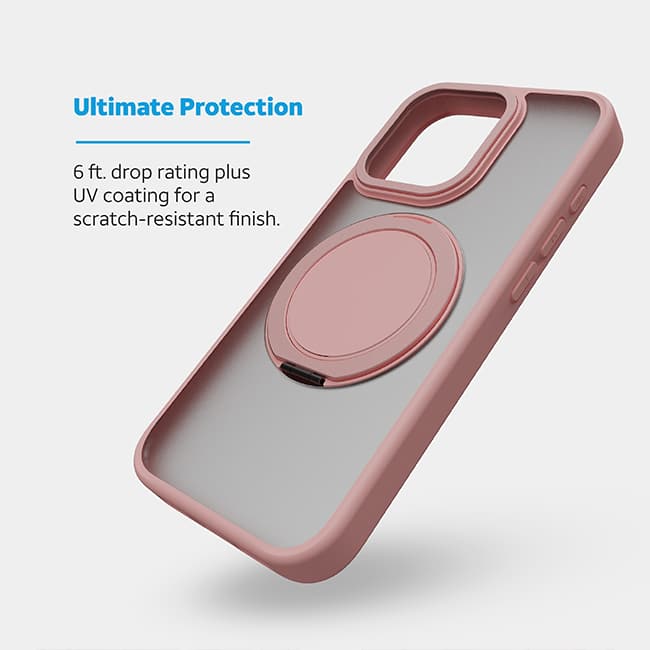 Estuche con anillo metálico de apoyo magnético giratorio de AT&T Essentials para iPhone 15 Pro, rosa (consulta de producto 2)