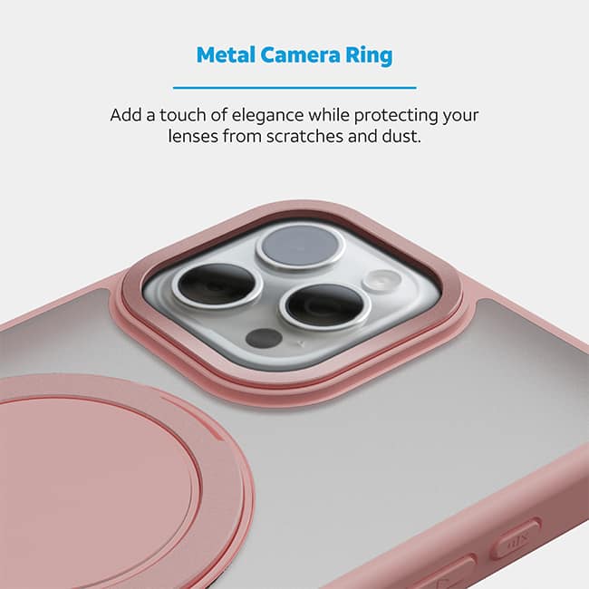 Estuche con anillo metálico de apoyo magnético giratorio de AT&T Essentials para iPhone 15 Pro, rosa (consulta de producto 3)