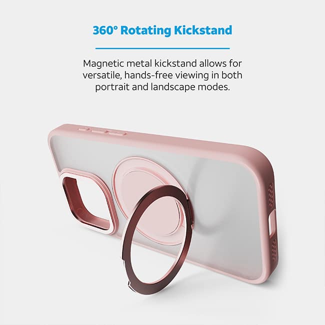 Estuche con anillo metálico de apoyo magnético giratorio de AT&T Essentials para iPhone 15 Pro, rosa (consulta de producto 4)