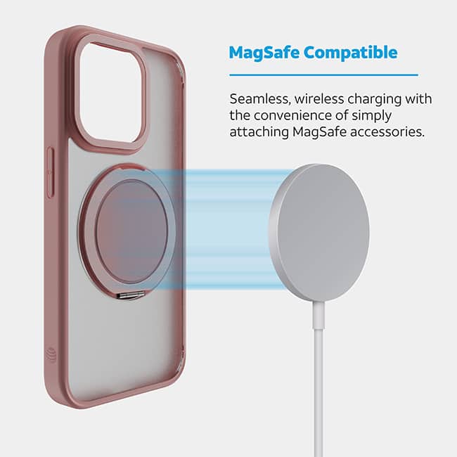Estuche con anillo metálico de apoyo magnético giratorio de AT&T Essentials para iPhone 15 Pro, rosa (consulta de producto 5)