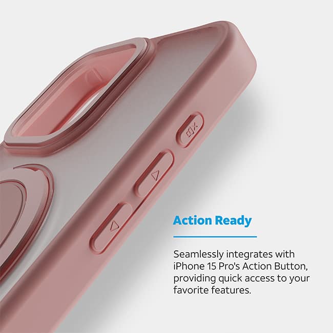 Estuche con anillo metálico de apoyo magnético giratorio de AT&T Essentials para iPhone 15 Pro, rosa (consulta de producto 6)