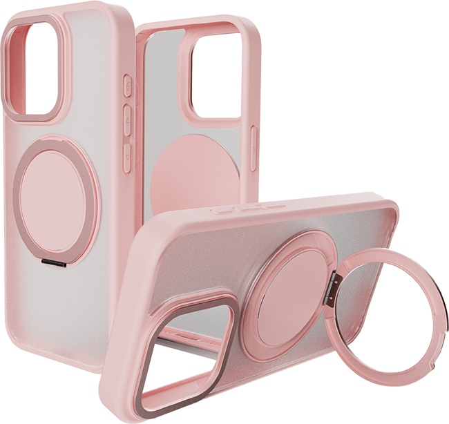 Estuche con anillo metálico de apoyo magnético giratorio de AT&T Essentials para iPhone 15 Pro, rosa (consulta de producto 1)