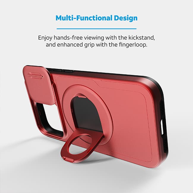 Estuche magnético profesional de AT&T Essentials con cubierta para cámara y pie de apoyo + anillo para iPhone 15 Pro Max