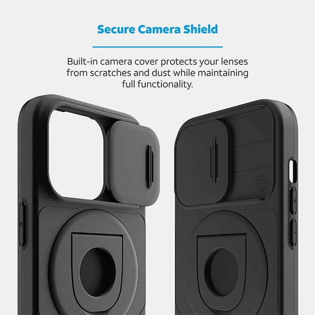 Estuche magnético profesional de AT&T Essentials con cubierta para cámara y pie de apoyo + anillo para iPhone 15 Pro Max