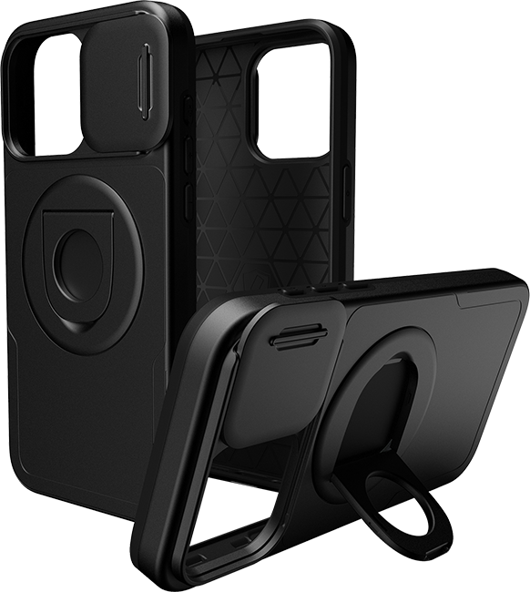 Estuche magnético profesional de AT&T Essentials con cubierta para cámara y pie de apoyo + anillo para iPhone 15 Pro Max