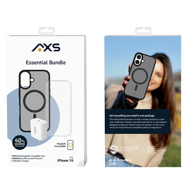 Estuche magnético AXS Proshield + protector para pantalla Armorglass Pro + cargador de 30 W para el iPhone 16, paquete de 3