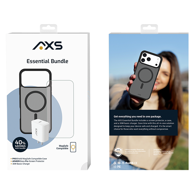 AXS Proshield Magnetic Case Armorglass pro Screen 30w charger - iPhone 18 Pro/17 Pro