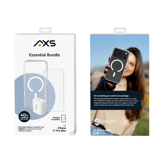 Estuche AXS Ultra + Protector para pantalla Armorglass Pro + Cargador básico de 30 W para el iPhone 17 Pro Max