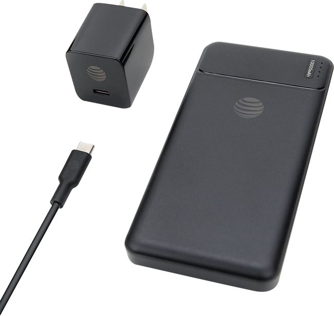 Artículos de carga básicos AT&T Essentials (paquete de cargador de pared, cable y batería portátil)