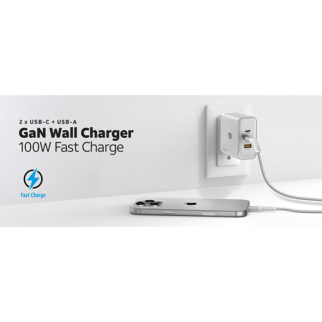AT&T Essentials Multi Port 100W GaN Wall Charger (2 USBC + 1 USBA)