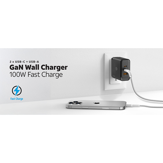 Cargador de pared GaN AT&T Essentials con varios puertos, de 100 W (2 USBC + 1 USBA)