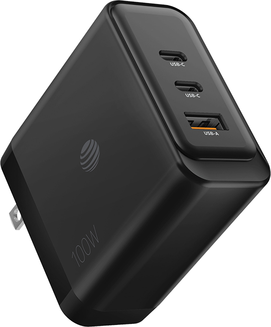 Cargador de pared GaN AT&T Essentials con varios puertos, de 100 W (2 USBC + 1 USBA)
