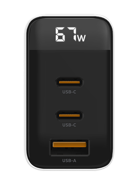 AT&T Essentials Multi Port 67W GaN Wall Charger with LED Display (2 USBC + 1 USBA)