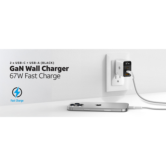 AT&T Essentials Multi Port 67W GaN Wall Charger with LED Display (2 USBC + 1 USBA)