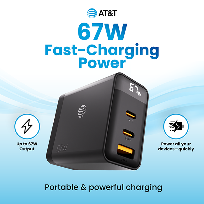 Cargador de pared GaN AT&T Essentials con varios puertos, de 67 W con pantalla LED (2 USBC + 1 USBA)