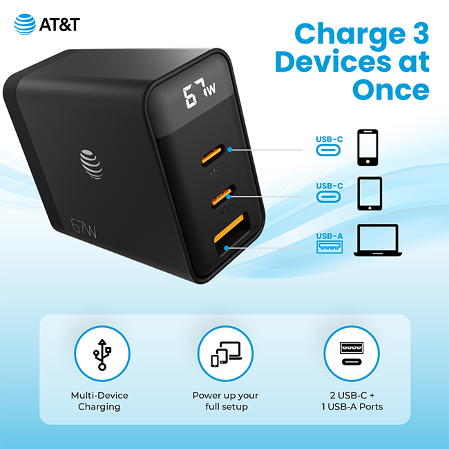 Cargador de pared GaN AT&T Essentials con varios puertos, de 67 W con pantalla LED (2 USBC + 1 USBA)