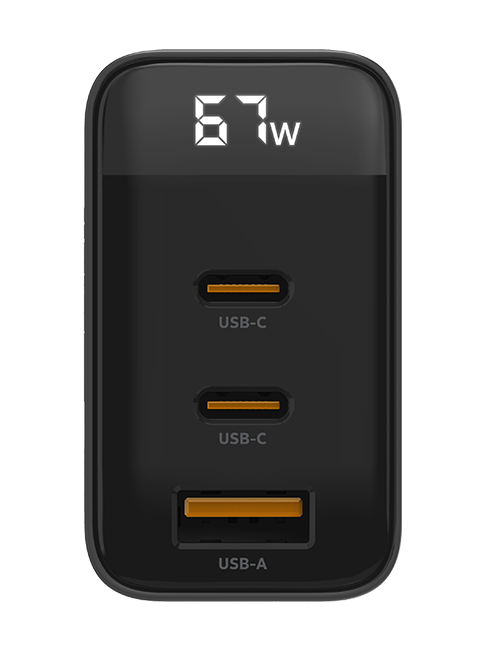 Cargador de pared GaN AT&T Essentials con varios puertos, de 67 W con pantalla LED (2 USBC + 1 USBA)