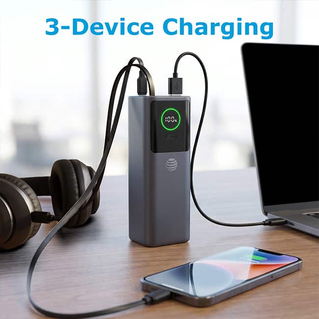 AT&T 3-in-1 Laptop Power Bank with Retractable Cable 100W 25KMAH