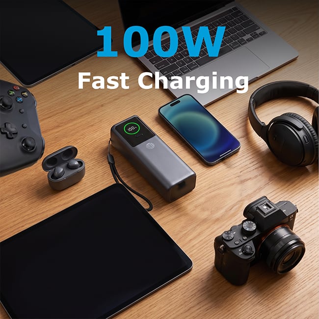 AT&T 3-in-1 Laptop Power Bank with Retractable Cable 100W 25KMAH