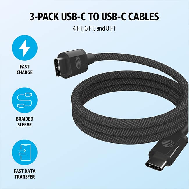 AT&T 3 Pack Braided Type C to C 2.0 Cables - 4 ft 6 ft 8 ft