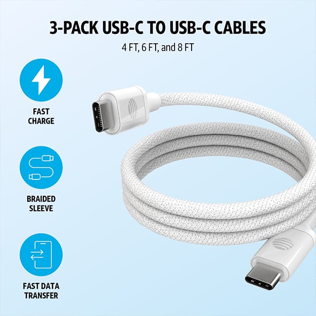 AT&T 3 Pack Braided Type C to C 2.0 Cables - 4 ft 6 ft 8 ft
