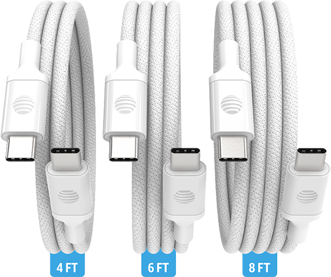 AT&T 3 Pack Braided Type C to C 2.0 Cables - 4 ft 6 ft 8 ft