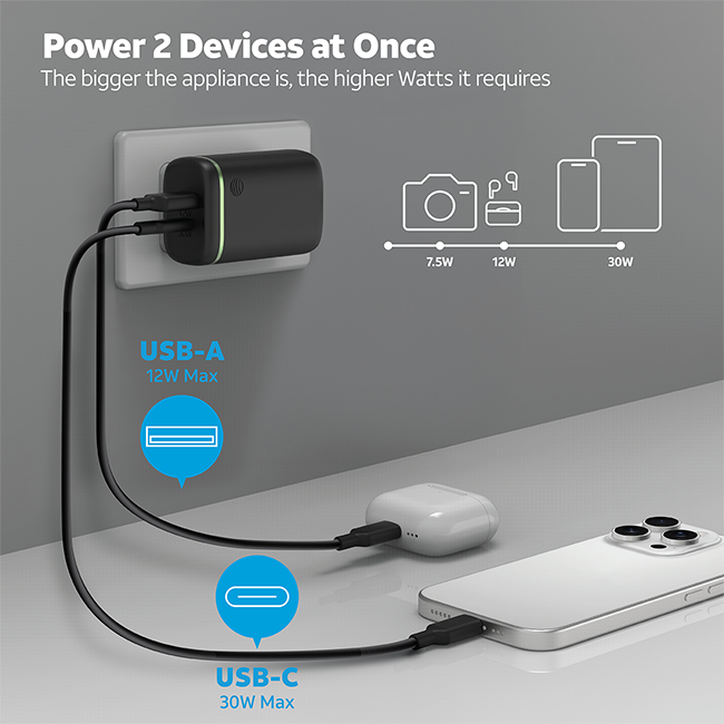 Cargador de pared Power Delivery con doble puerto de 42 W de AT&T (USB-C + USB-A)