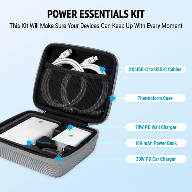 AT&T Power Kit with 70W Multi Port Wall Block, 30W Car Charger, 2 C to C Cables, and 10K Power Bank