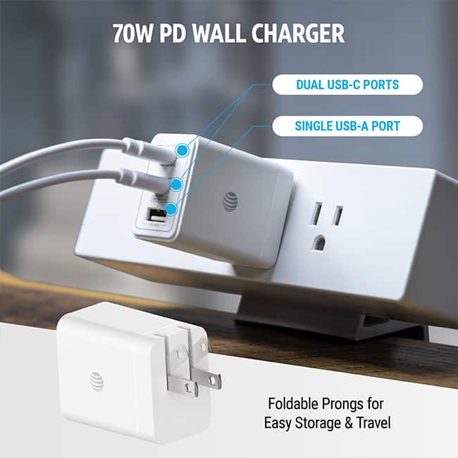 AT&T Power Kit with 70W Multi Port Wall Block, 30W Car Charger, 2 C to C Cables, and 10K Power Bank