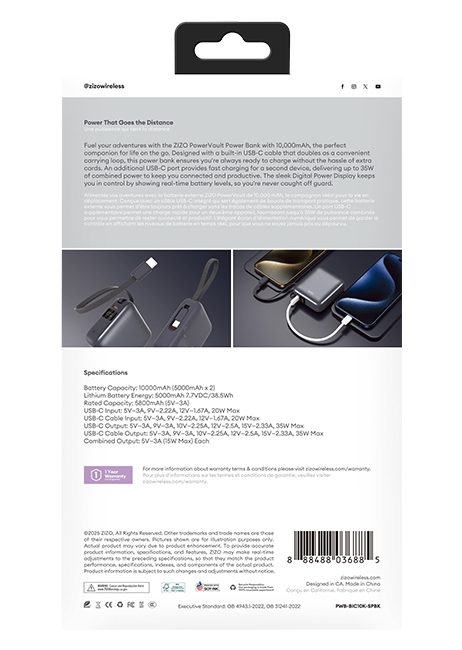 Batería complementaria de carga rápida Zizo de 35 W y 10 K con cable tipo C y pantalla LED