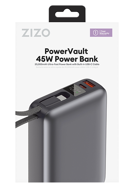 Batería complementaria de carga rápida Zizo de 45 W y 20 K con cable tipo C y pantalla LED