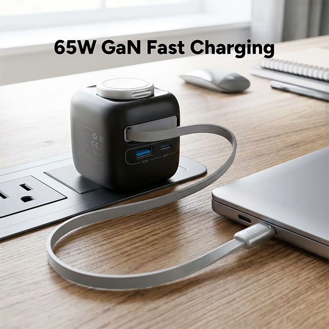 Zizo 65W 4in1 Wall Charger with Apple Watch Charger Retractable Cable Dual USB Ports C and A