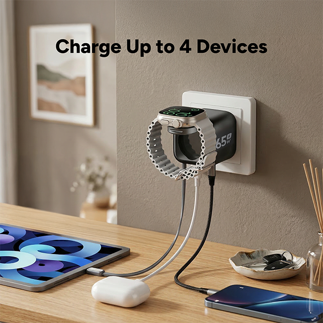 Zizo 65W 4in1 Wall Charger with Apple Watch Charger Retractable Cable Dual USB Ports C and A